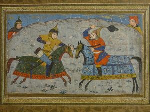 古美術 猫 - ペルシャ 彩色一騎打ち図額 | 古美術品専門サイト