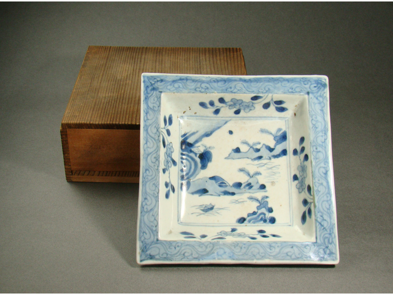 古染付山水文鉢　明末清初　　割蓋付　古染付平水指 古染付山水文五寸皿