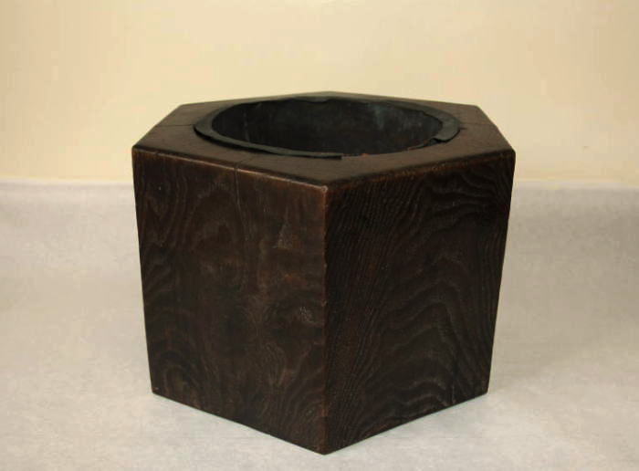 アンティーク 六角形木製火鉢金属皿付き アンティーク 6角形木製火鉢