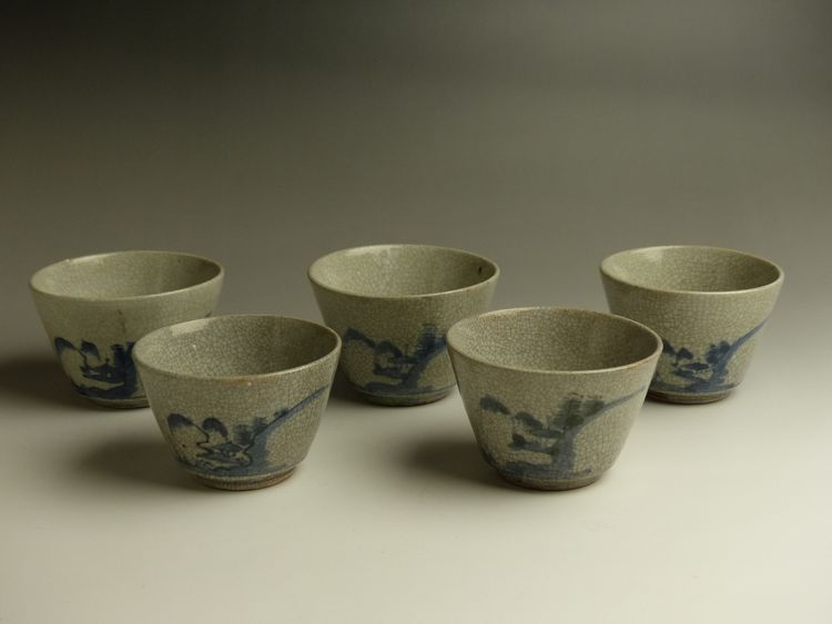 骨董　古美術　中野焼 古美術 猫 - 中野焼染付堂山水文碗5客 | 古美術品専門サイト fufufufu.com
