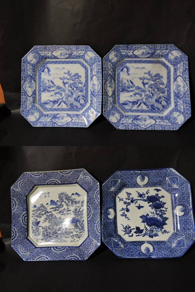 讃岐今昔 - 染付印判隅切角皿(4枚) | 古美術品専門サイト fufufufu.com