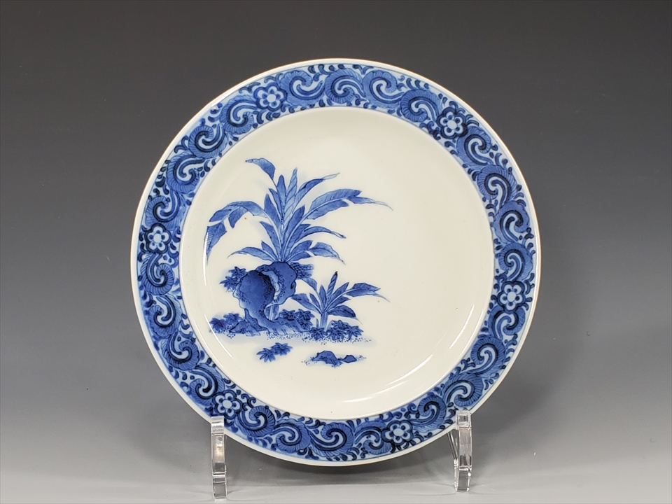 古美術長陽堂 - 藍九谷 芭蕉梅花唐草 五寸皿 | 古美術品専門サイト