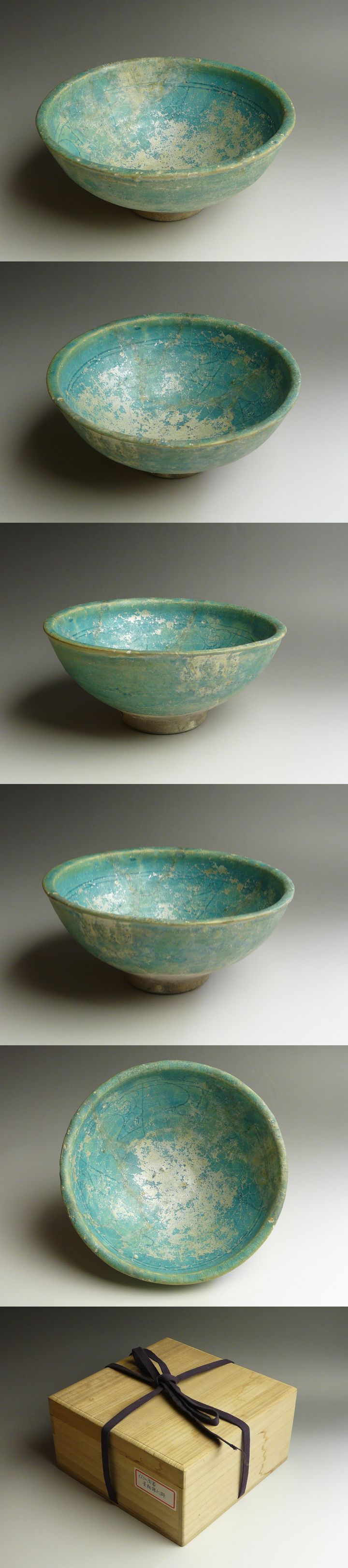 ペルシャ古陶 古代波斯 青釉刻文銀化鉢 発掘出土品☆希少品