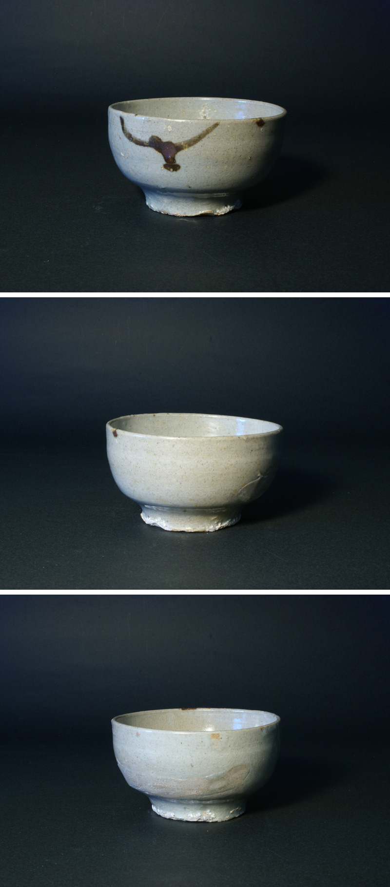 李朝、砂堅手白色梅花皮茶碗(元箱、牡丹文綿更紗包み古布付き) 風招 - 李朝鉄砂小服茶碗 | 古美術品専門サイト fufufufu.com