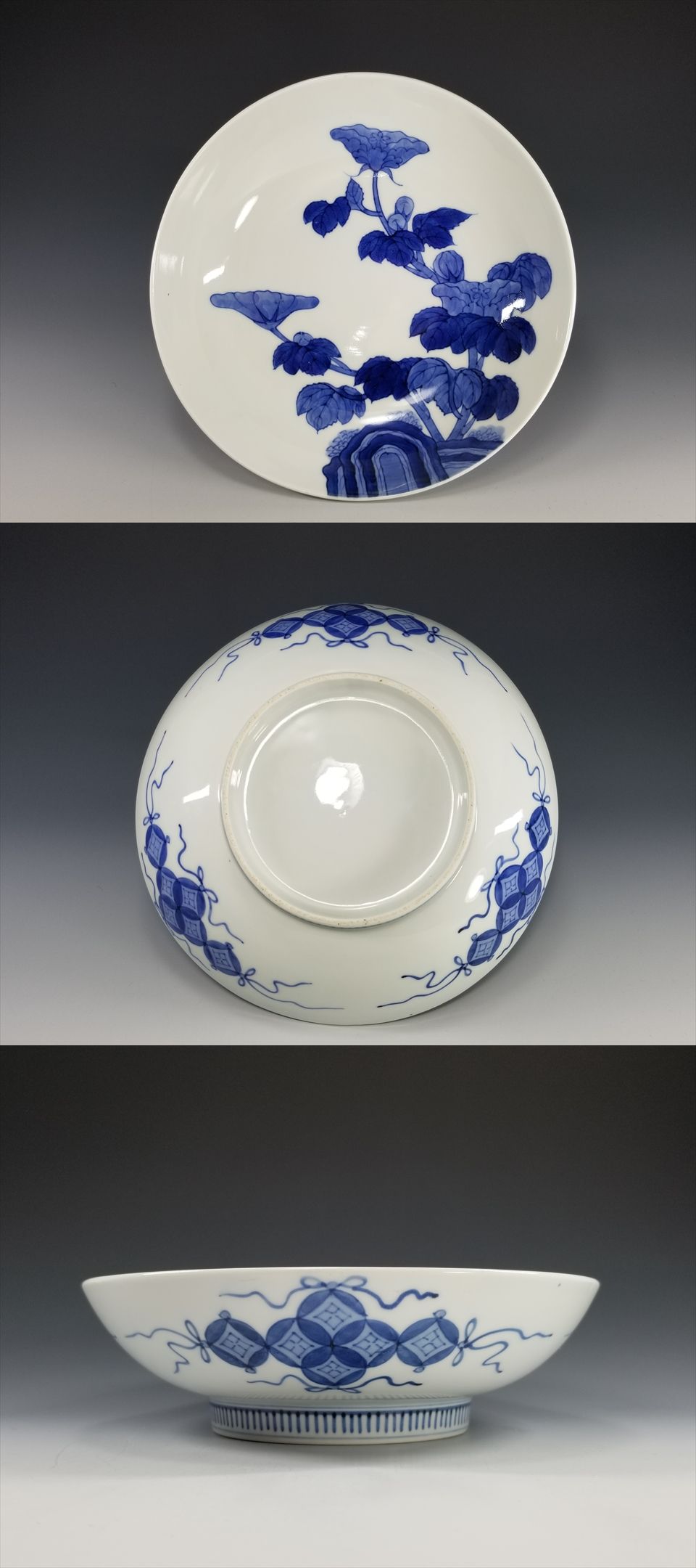 江戸時代後期　後期藍鍋島　芙蓉文様　裏面　七宝繋ぎ文様　櫛高台　21.4cm鉢 古美術長陽堂 - 後期鍋島 芙蓉図 七寸皿 | 古美術品専門サイト