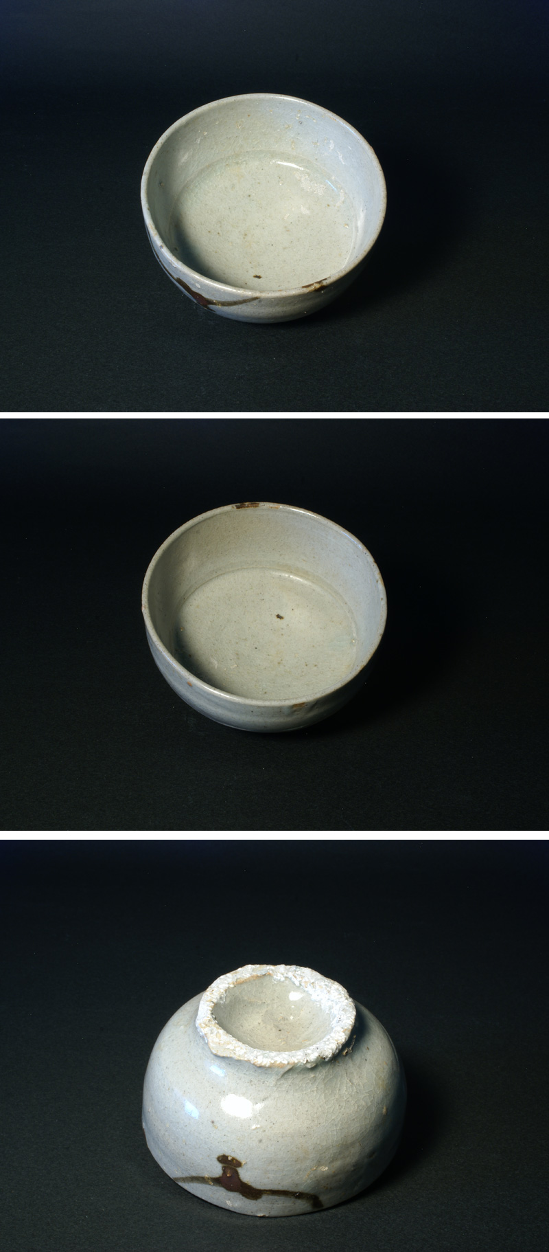 李朝、砂堅手白色梅花皮茶碗(元箱、牡丹文綿更紗包み古布付き) 風招 - 李朝鉄砂小服茶碗 | 古美術品専門サイト fufufufu.com