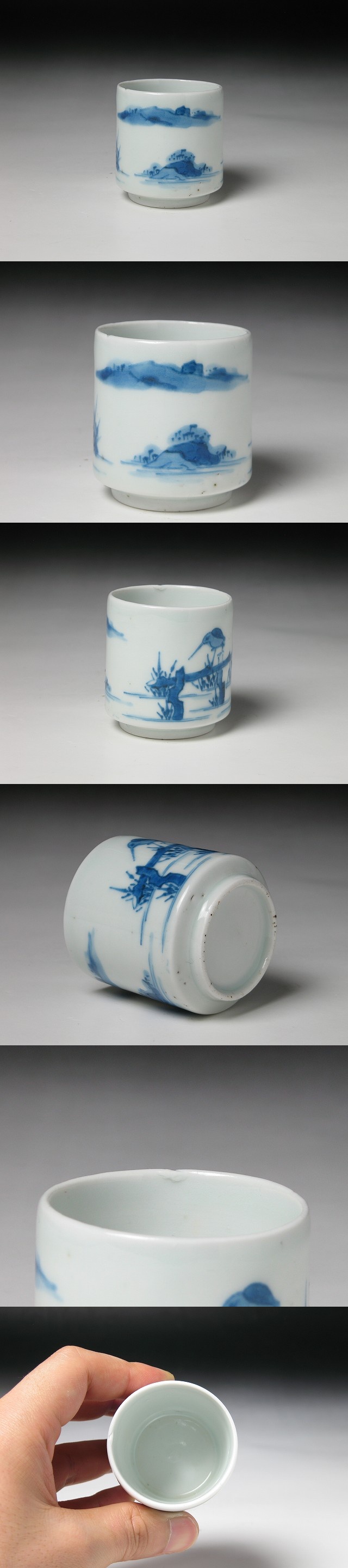 古伊万里　銅板摺印判　覗き猪口　水草に鳥図　明治時代　珍品 葡萄とリーフ◇水鳥もいる。伊万里 赤絵金彩覗き猪口 酒器 骨董