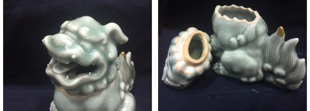鍋島青磁獅子 鍋島青磁 特大獅子 置物 鍋島 青磁 双獅子 置物 | 古美術