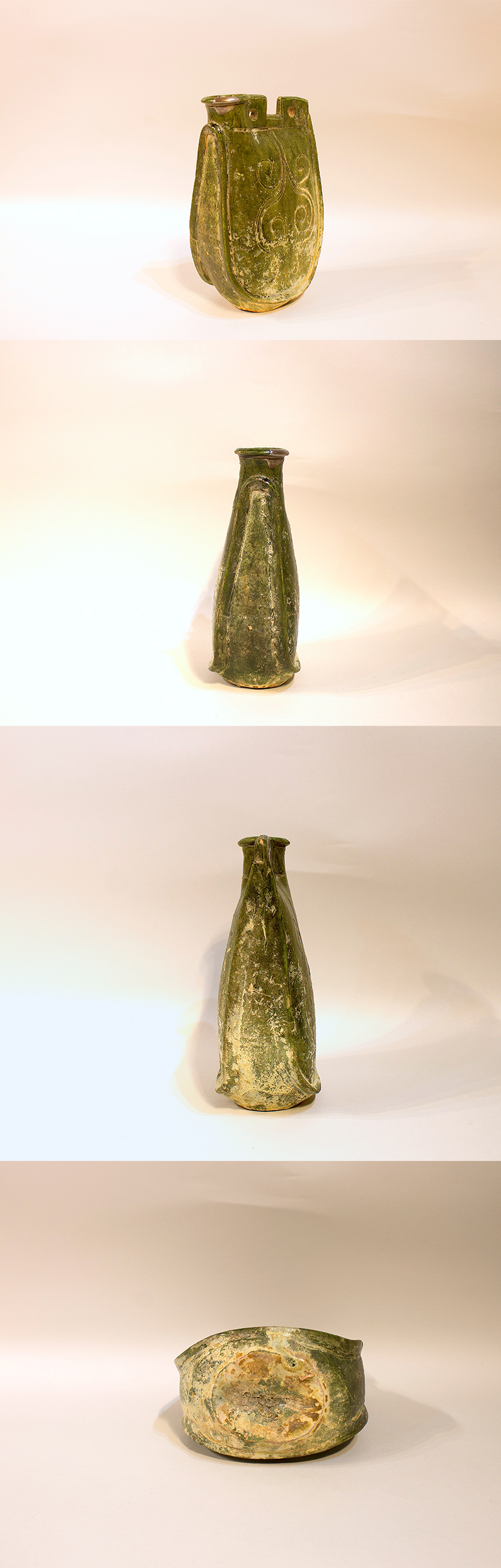 古美術 吉戸 - 遼代 緑釉線彫花文皮嚢壷 | 古美術品専門サイト