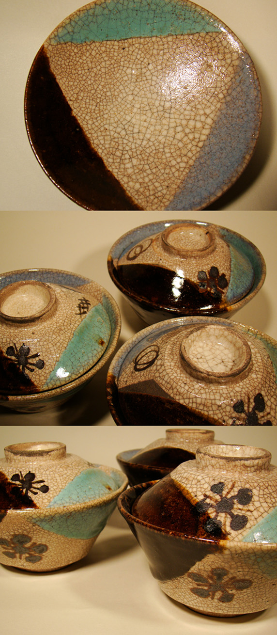 明治期作　骨董品　上等夫婦茶碗 古童 - 愉しい骨董、めし茶碗その2、瀬戸梅鉢文掛分け 三客 | 古美術
