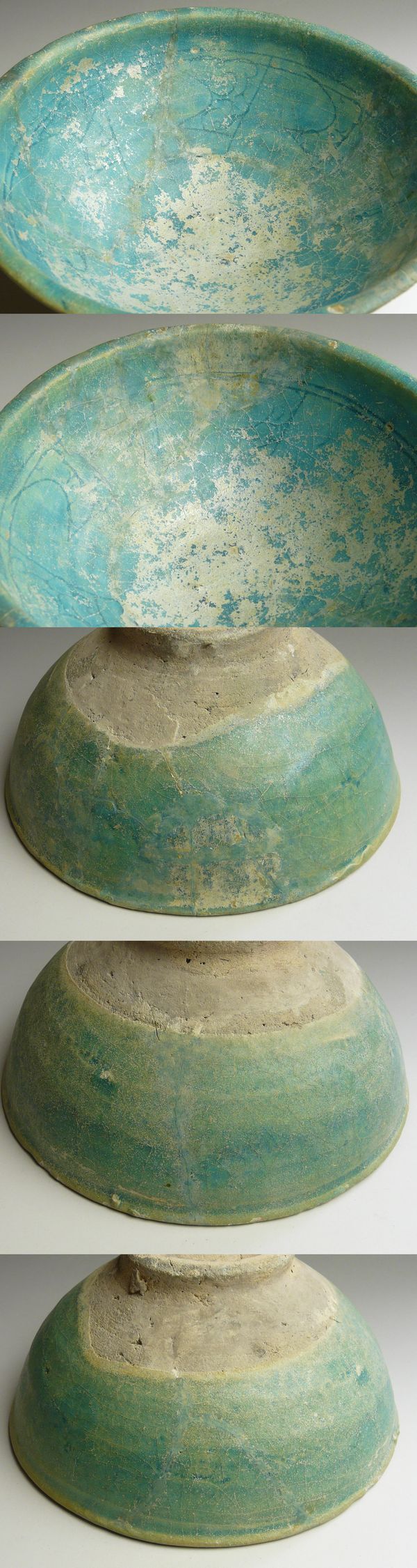 ペルシャ古陶 古代波斯 青釉刻文銀化鉢 発掘出土品☆希少品