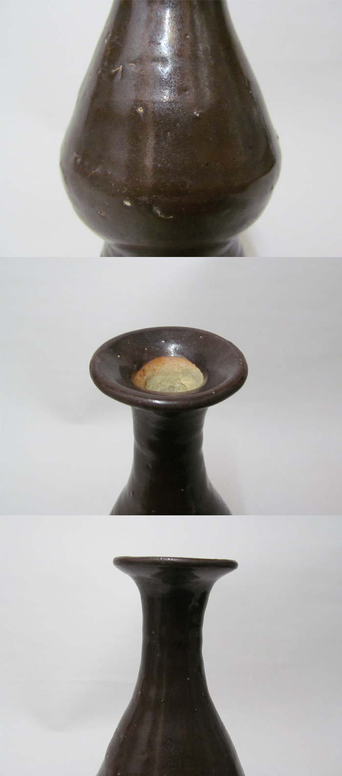 18世紀 壷屋焼 琉球古陶 褐釉台付瓶 飴釉瓶子 ビンシー 無疵