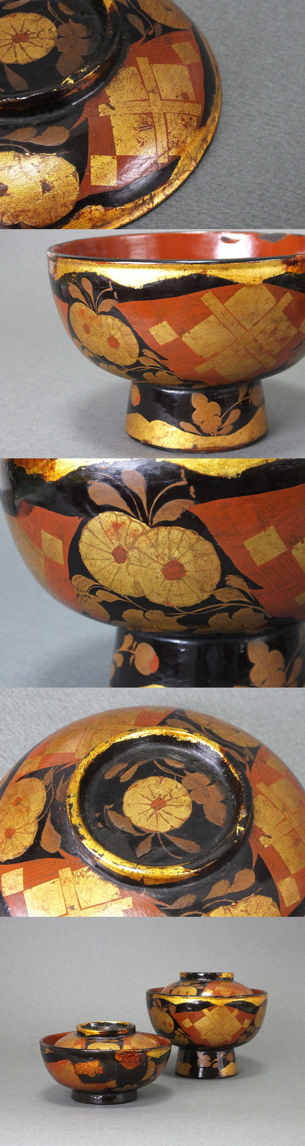 古童 - 浄法寺 箔押菊花文四つ組み椀 | 古美術品専門サイト fufufufu.com