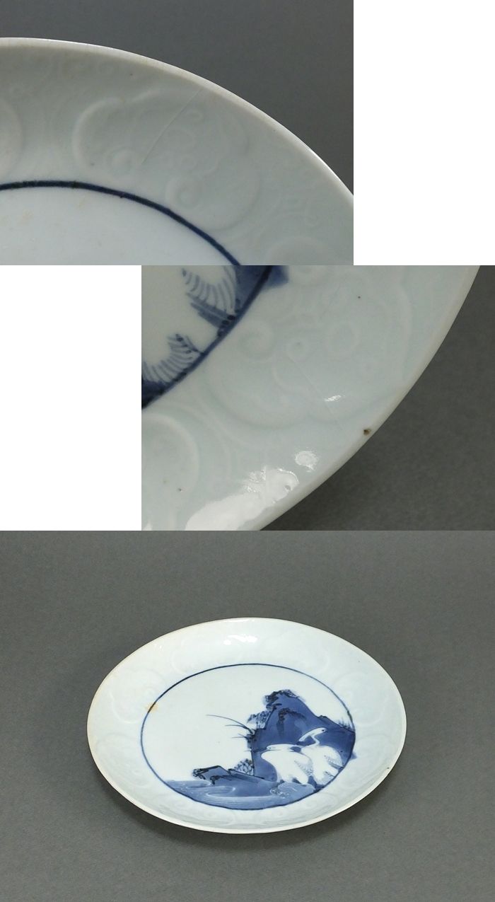 古童 - 藍九谷 型押 白鷺文 七寸皿 | 古美術品専門サイト fufufufu.com