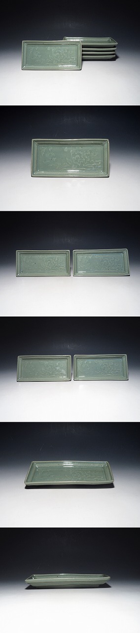 大林師友堂 - 古九谷青磁陽刻牡丹文長皿5枚 | 古美術品専門サイト